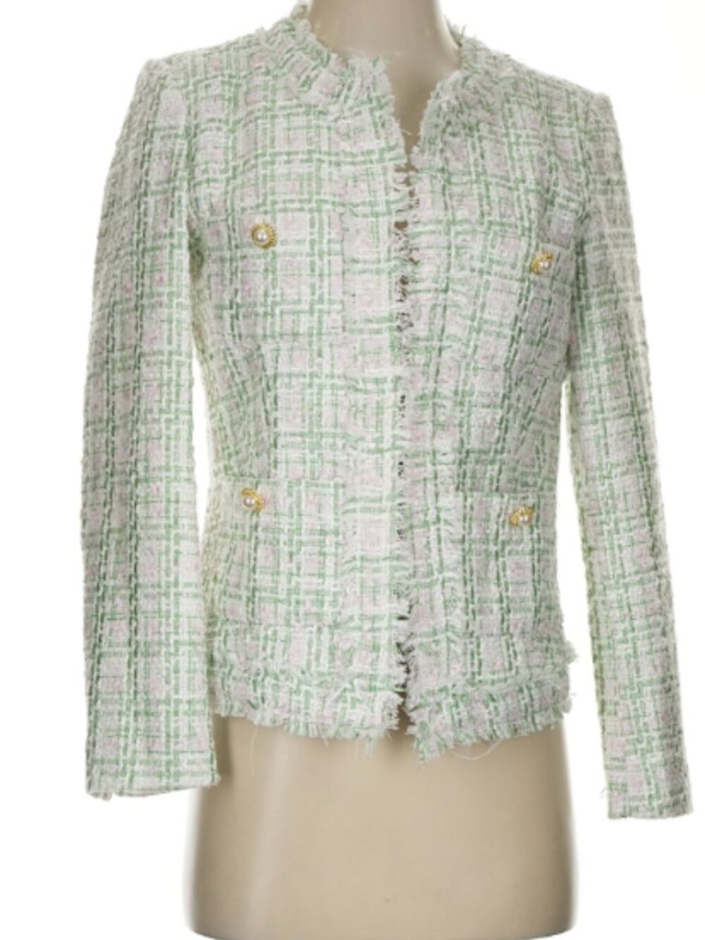 Nannette Pastel Green & White Tweed Cropped Blazer